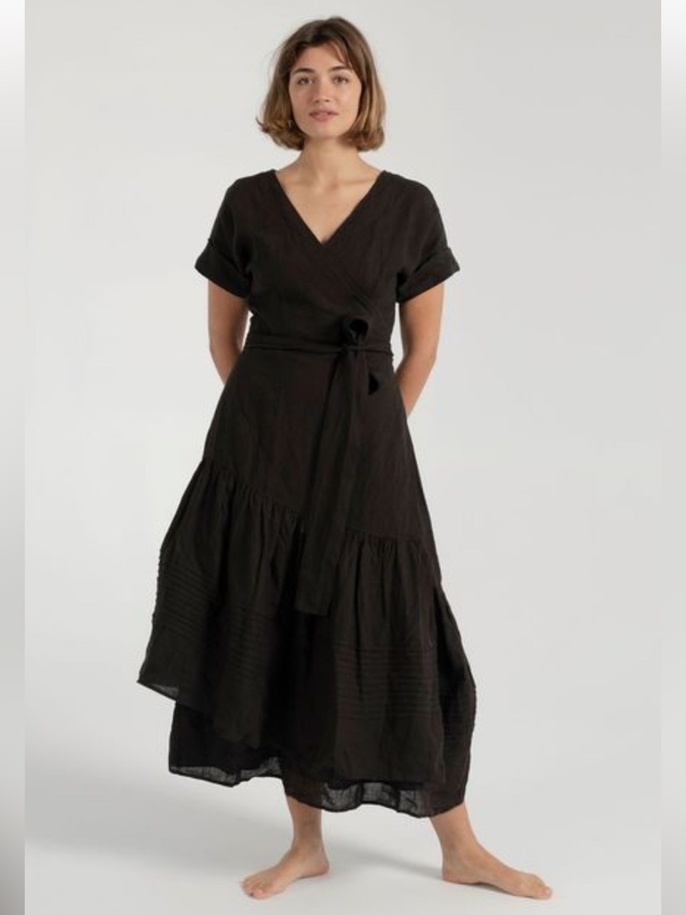 Apiece Apart Black Linen Short Sleeve Amaro Maxi Wrap Dress Sz. S